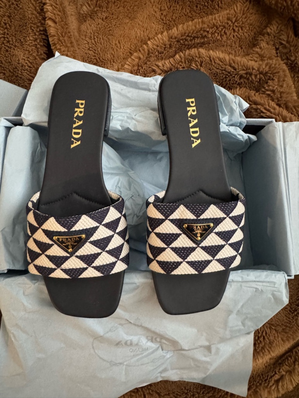 Prada Black & White Geometric Slide Sandals